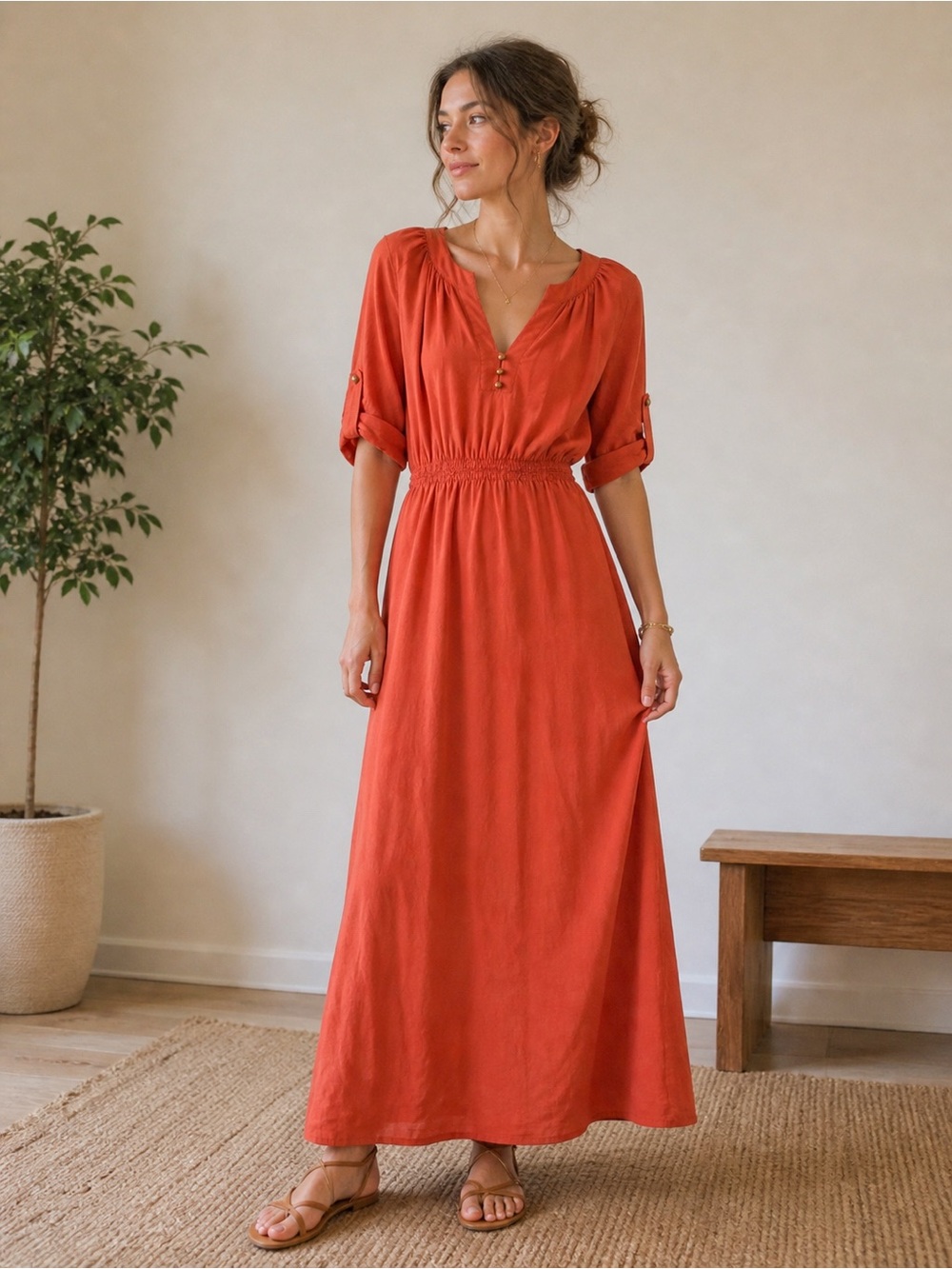 Twelfth Street by Cynthia Vincent 100% Silk Maxi Dress Coral Boho Elastic Waist